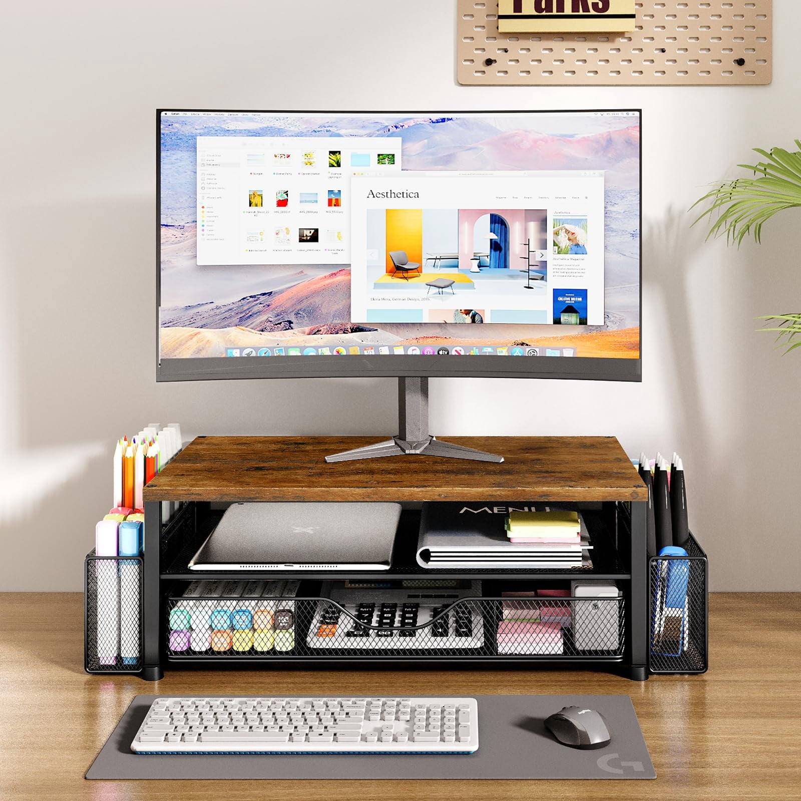 Wood Desk Organizers And Accessories  2-tier Computer Monitor Stand Riser With Drawer 2 Pen Holders Laptop Office For Supplies Brown