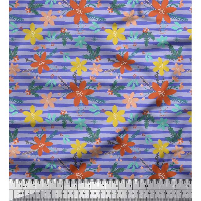 Soimoi Polyester Crepe Fabric Stripe & Flower Floral Printed Craft Fabric by The Yard 52 Inch Wide