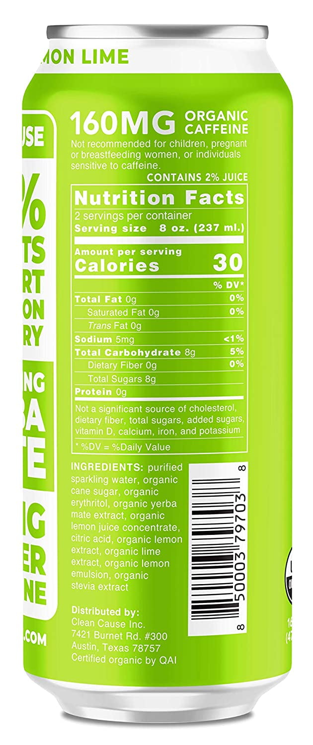 Clean Cause Organic Yerba Mate Sparkling Lemon Lime Energy Drink, 16 fl oz [Pack of 12]
