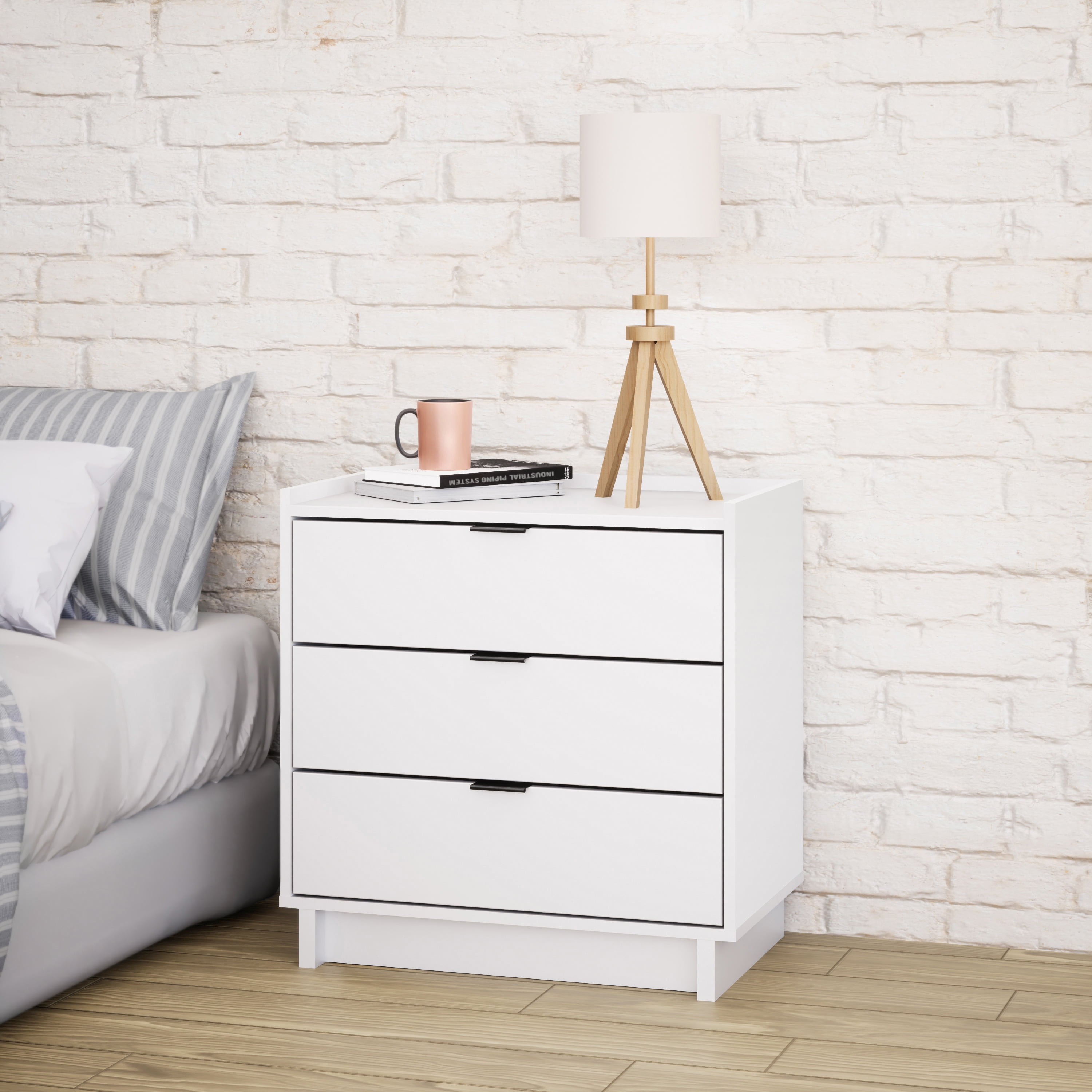 Prepac Simply Modern Nightstand Bedside Table, White Nightstand for Bedroom, End Table with 3 Drawers 26.5" W x 26.75" H x 16" D, WDNR-1803-1