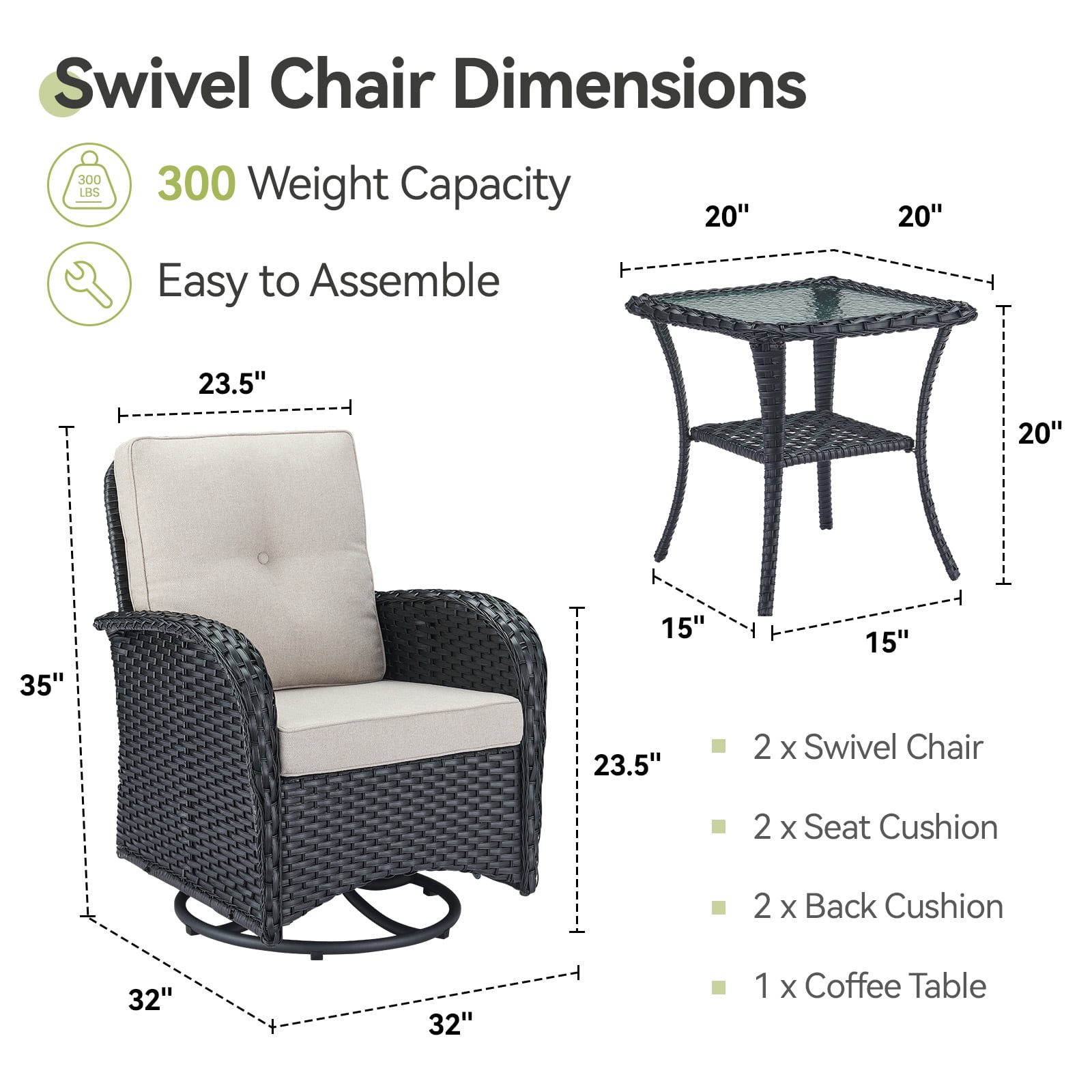 Planntonneo 3 Piece Wicker Patio Furniture Sets, Outdoor Swivel Rocking Chairs Set of 2 with Rattan Side Table for Deck Porch Pool, Black/Beige