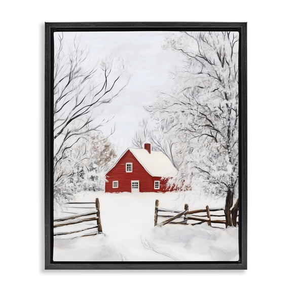 Stupell Industries Traditional Red Farmhouse in Snow Black Floating Frame Canvas Art, 17 x 21, by Arlington Prints