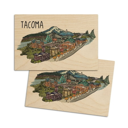 

Tacoma Washington Cityscape Line Drawing (4x6 Birch Wood Postcards 2-Pack Stationary Rustic Home Wall Decor)
