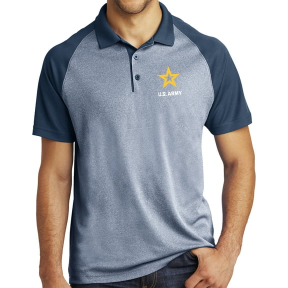 US Army Star Logo White Chest Print Raglan Polo Shirt, Large Navy