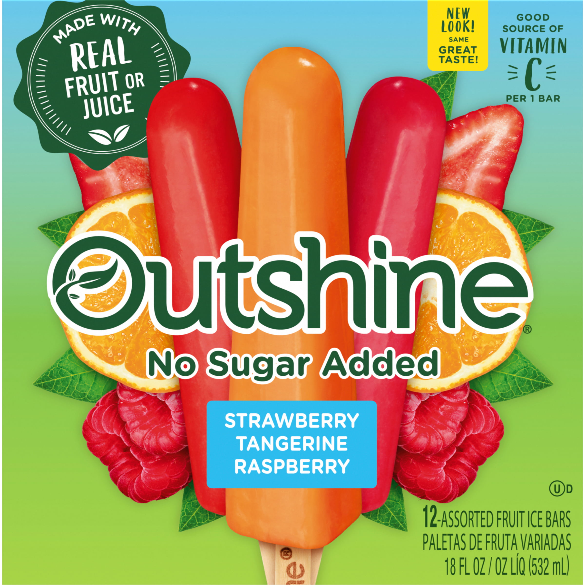 Outshine Strawberry, Tangerine, and Raspberry Frozen Fruit Bars Variety Pack, No Sugar Added, 12 Ct