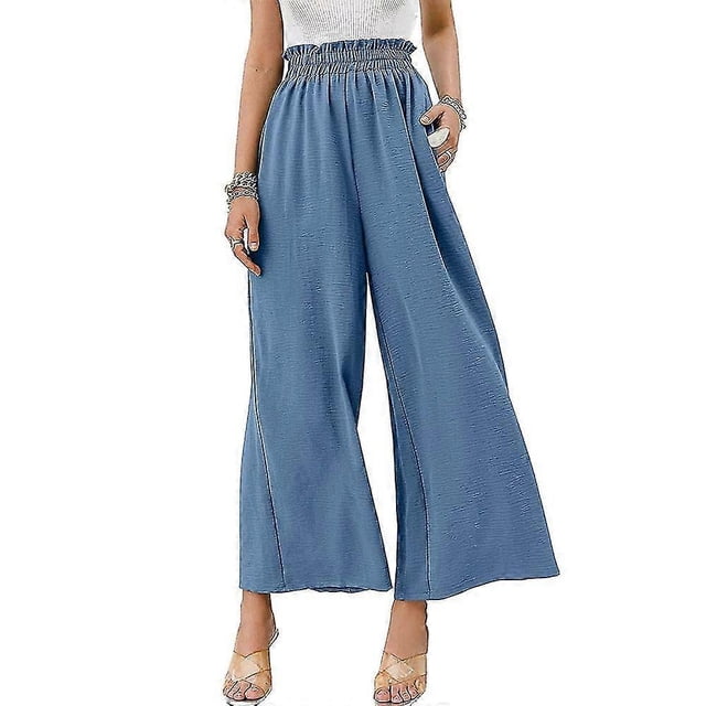 Women Solid Elastic Waist Trousers Wide Leg Pants Summer