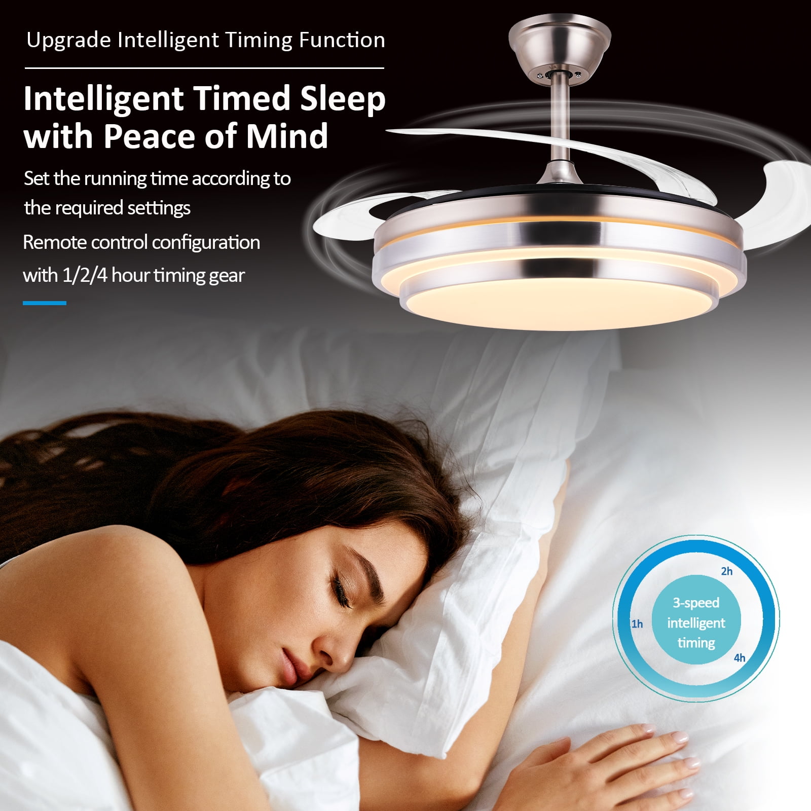Jacgood 42in 2-in-1 Retractable Ceiling Fan with Dimmable LED Light, Brushed Nickel Fandelier, 6-Speed Quiet DC Motor & Remote Control for Bedroom/Living Room