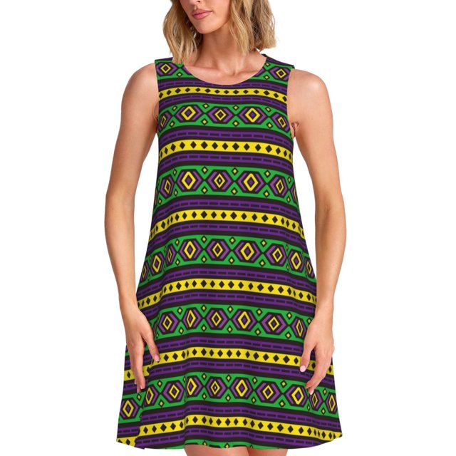 Fotbe Carnival Mardi Gras Vestido de Verano sin Mangas para Mujer – Vestido Midi Línea A, Estilo Camiseta Floral, Vestido Playero Casual y Fluido
