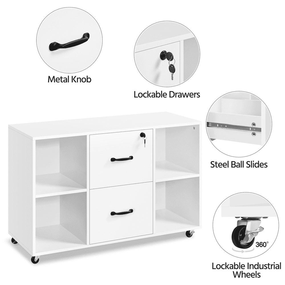 Alden Design Mobile Vintage File Cabinet with 2-Drawer for Home and Office, White
