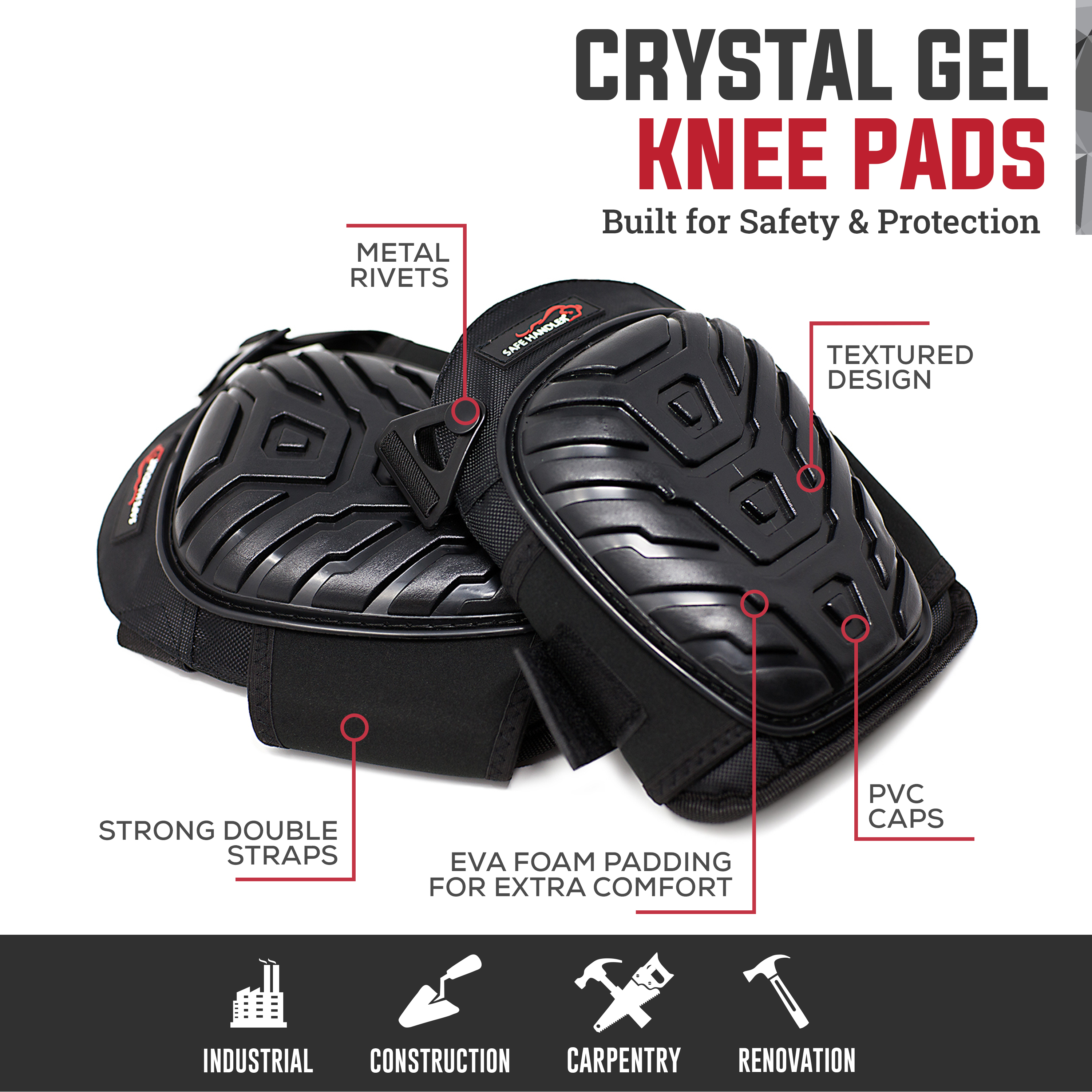 Safe Handler Professional Crystal Gel Knee Pads for Work with Soft EVA Foam and Gel Cushion — Heavy Duty Tough Cap, Reinforced Adjustable Buckle Straps