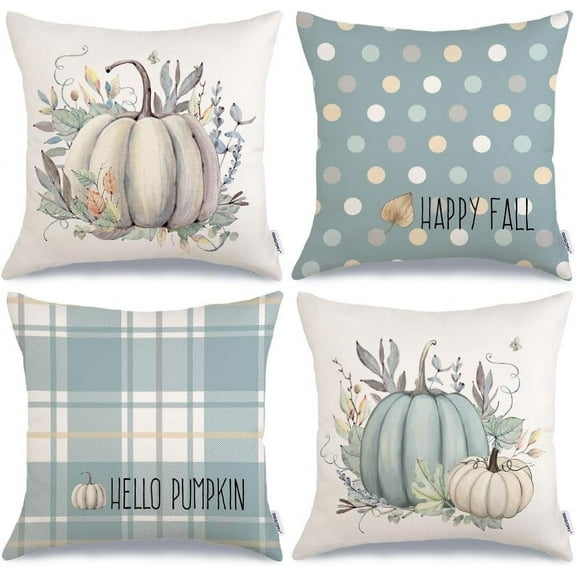 Fall Pillow Covers 18 x 18 Inch Set of 4, Striped Buffalo Plaid Polka Dots Pumpkins Leaves Decorative Farmhouse Throw Cushion Cases Indoor Decoration Home Decor for Sofa Couch (Blue) G387-18