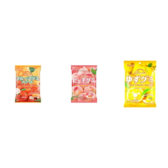 3 Pack Kasugai Gummy Candies, Made in Japan, Gluten Free, Mix 3 Flavor (Assortment,Peach,Yuzu) Plus NineChef Brand Long Handle Coffee Spoon