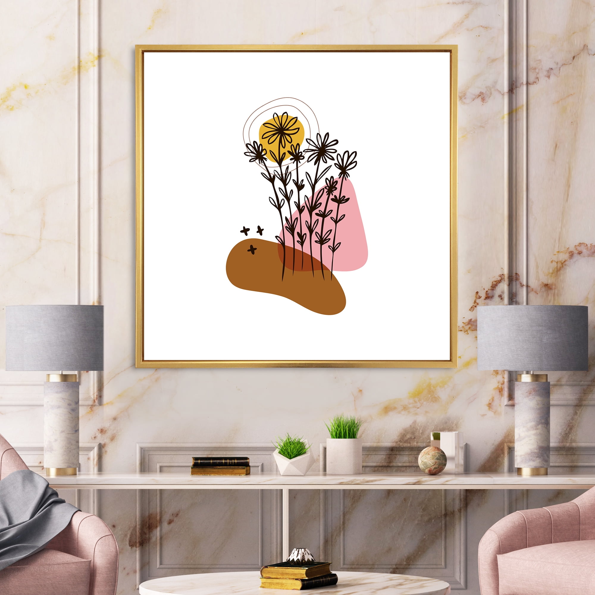 Designart 'Abstract Flowers Plants With Elementary Shapes I' Modern Framed Canvas Wall Art Print