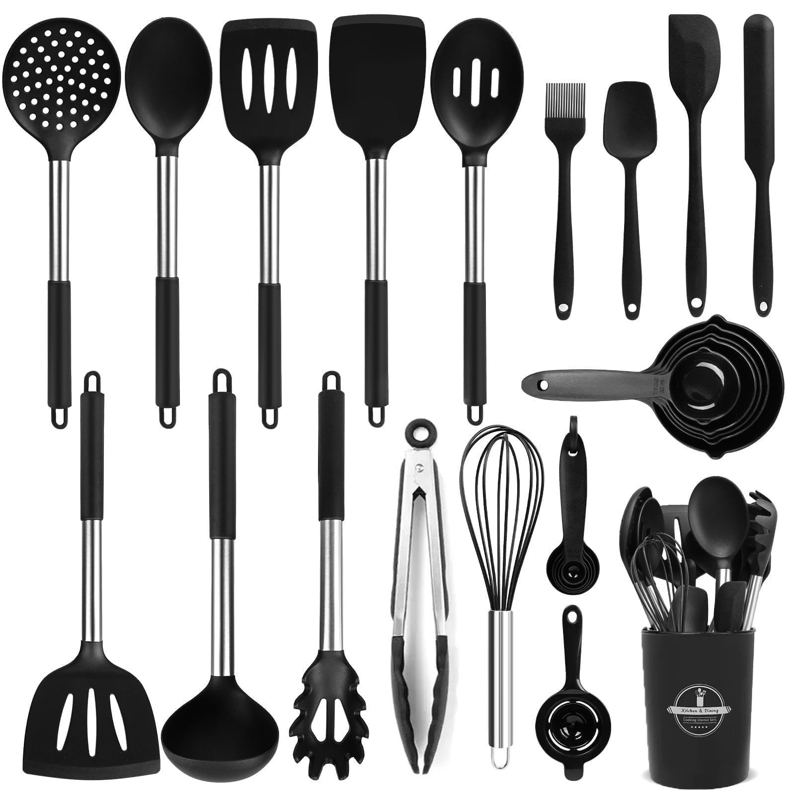 KSENDALO Silicone Cooking Utensils Set, 26 Pcs, Heat Resistant Kitchen Utensils Set, Black