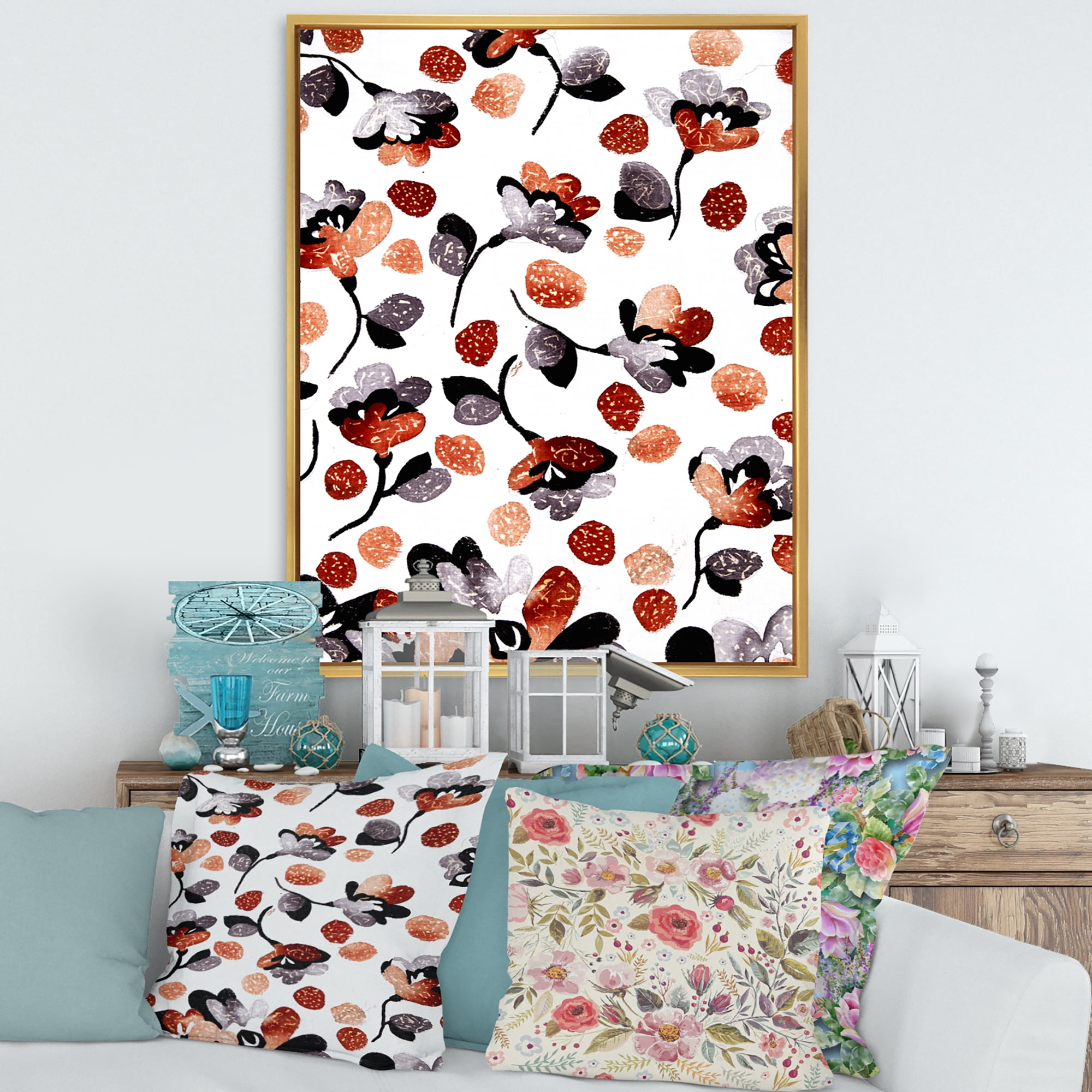 Designart 'Modern Flower In Red Blue and Orange' Bohemian & Eclectic Framed Canvas Wall Art Print
