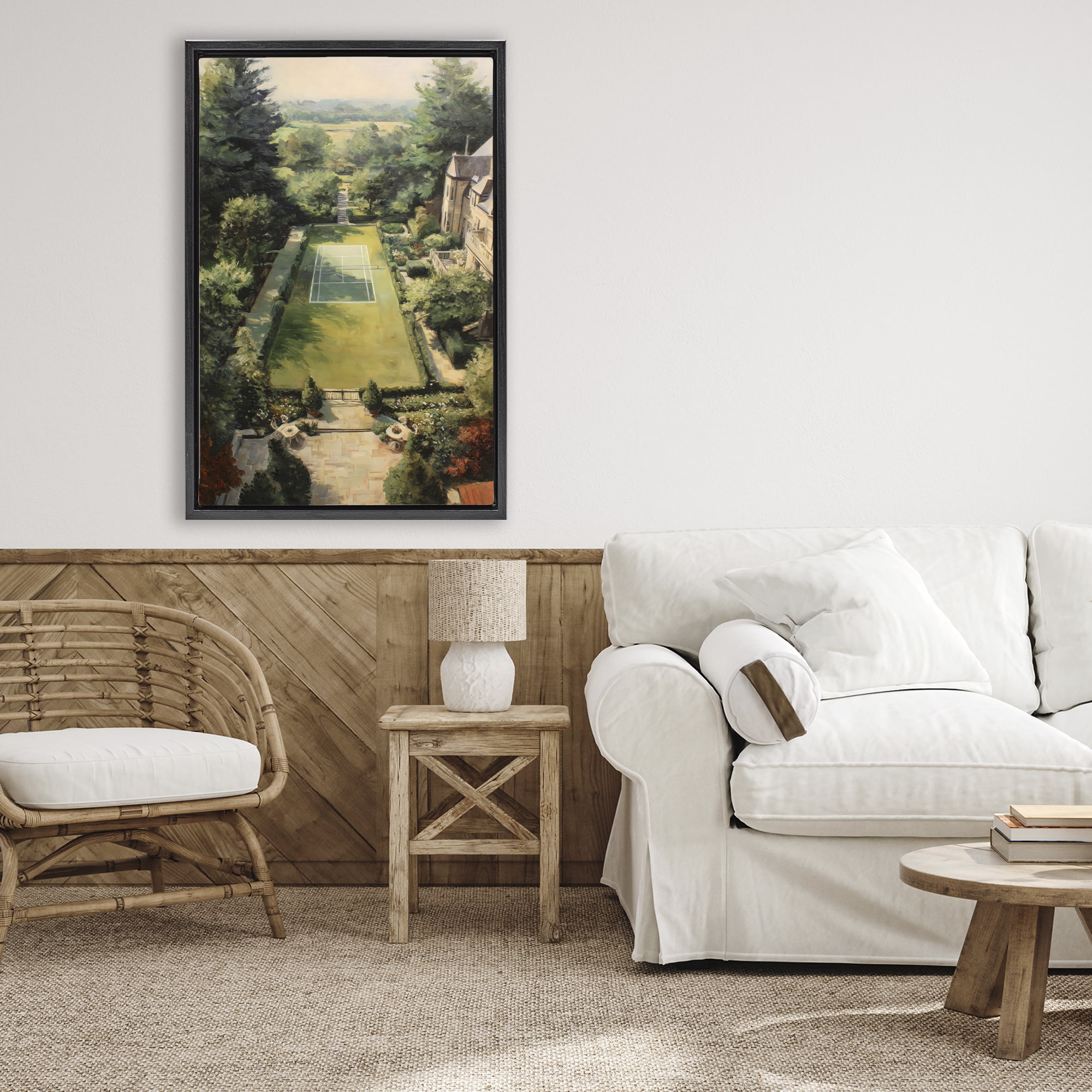 Stupell Industries Vintage Tennis At The Manor Black Framed Floater Canvas Wall Art, design by Petal Prints Design