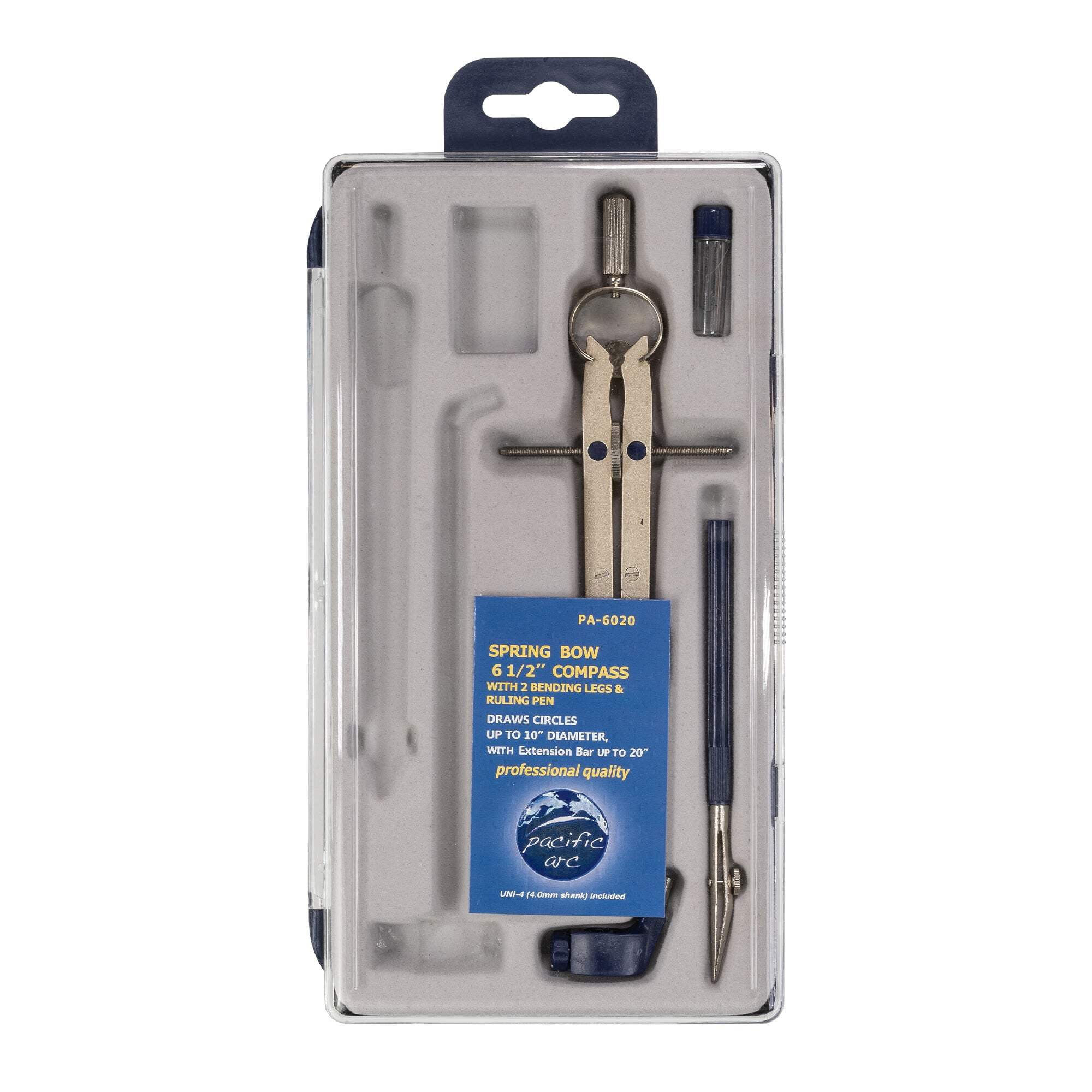 Pacific Arc, Spring Bow Compass with Extension bar, ruling Pen, 6 inch Divider, Universal Adaptor, 6 inch Break Leg, and Replacement Lead.