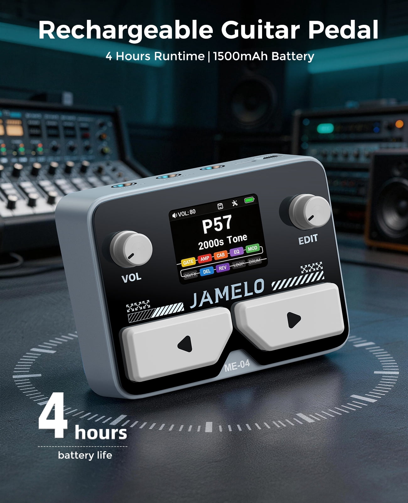 JAMELO Gray ME-04 MINI Pocket Multi-Effects Guitar Pedal with 10 Effects Modules 100 Drum Rhythms and 40-second Stereo Looper 99 Presets 40 Amp/Cab Processor OTG USB Audio Interfac