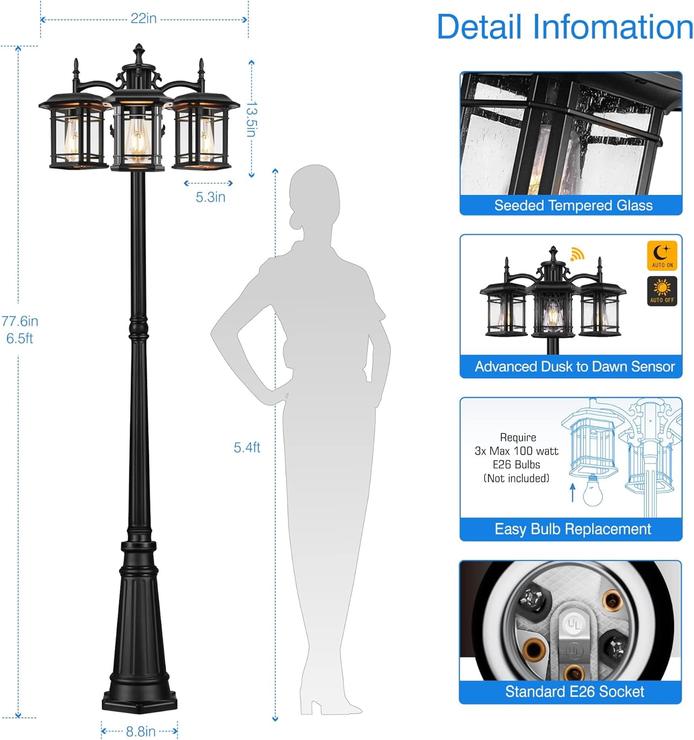 VIANIS Outdoor Lamp Post Light with Outlet 3-Head, Waterproof Outdoor Lamp Post Sconce, Anti-Rust Black Dusk to Dawn Street Light Pole for Garden, House, Doorway, Weather Resistant