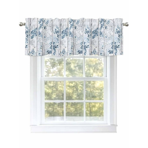 Blue Grey Leaves Curtain Valances for Windows, Watercolor Branches Vintage Forest Kitchen Valance Window Treatment, Light Filtering Block Curtains for Bathroom/Bedroom/Living Room 60'' x 18''