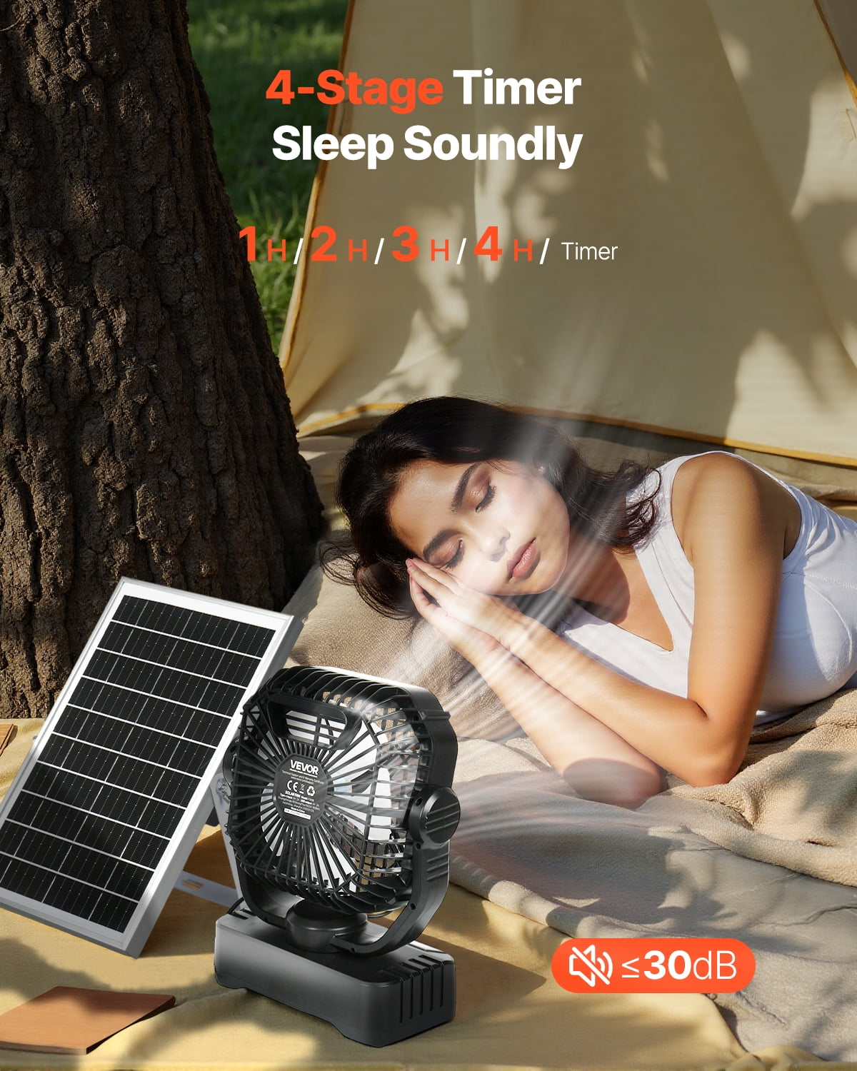 VEVOR 10400mAh Solar fan, Camping Fan with Solar Panel & LED Lantern, 7W 8 Inch Portable Rechargeable Battery Powered for Outside, 4-Speed and Quiet Operated for Picnic, Barbecue, Fishing, Travel