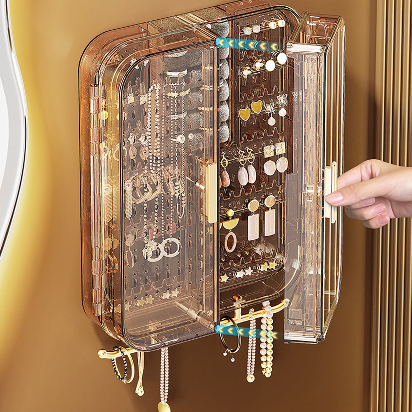 Foqnuq Wall Mounted Jewelry Organizer Hanging Box | Transparent Necklace Holder | Earring & Ring Storage Rack | No Punching | Decorative Display for Home