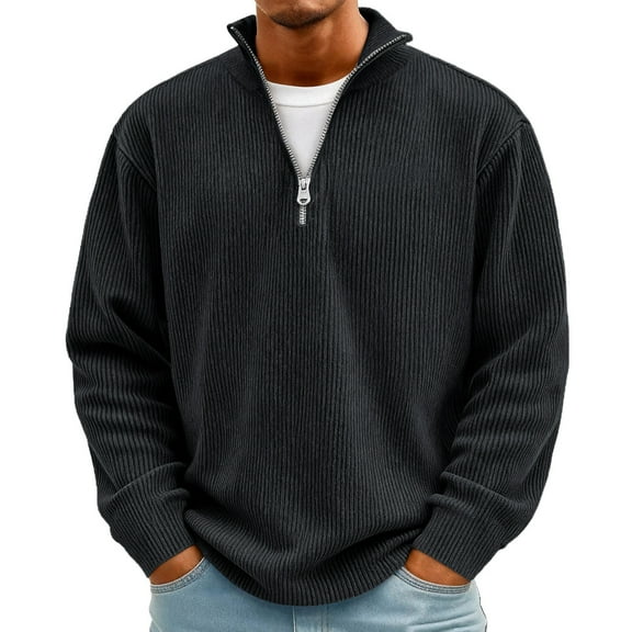 Nokdvo Sweater for Men Sherpa Quarter Zip Corduroy Pullover Tops Stand Colla Long Sleeve Sweatshirts Ribbed Loose Casual Sweater,Black 4XL