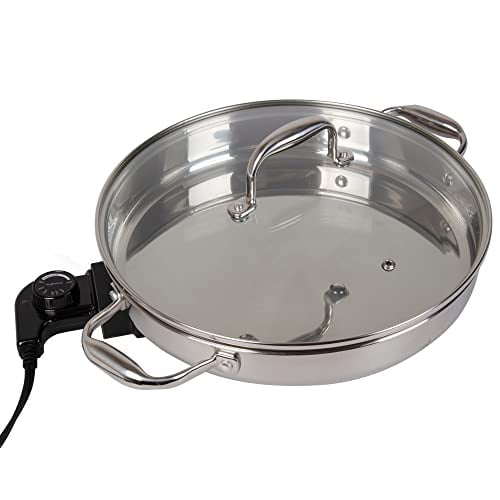 Electric Skillet By Cucina Pro - 18/10 Stainless Steel with Tempered Glass Lid, 12' Round