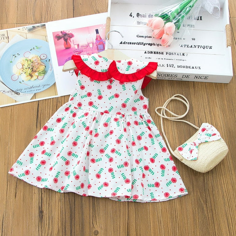 Penkiiy Toddler Kids Baby Girls Casual Floral Print Dress Party Princess Bag Set Outfits Easter Dresses for Toddler Girls 3 4 Years Red 2023 Summer