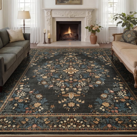 VUNATE Vintage Botanical Floral Printed Area Rug 5'x7' Soft Washable Non Slip Low Pile Rug for Living Room Bedroom Dining Room Home Decor Indoor Carpet with Blossom Design Green