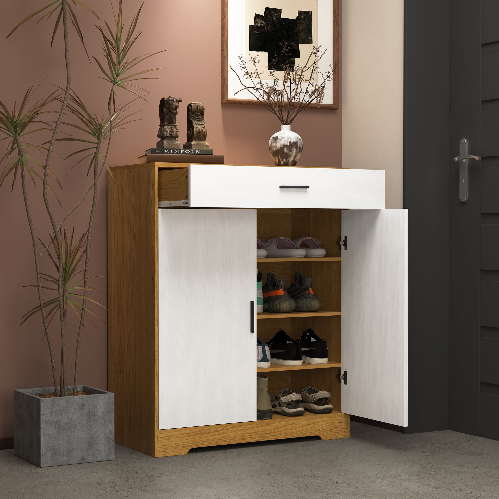 Noble House 4-Tier Shoe Storage Cabinet with Drawer, Adjustable Shelves, Natural and White
