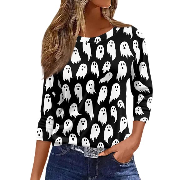 MVRLSH Womens Tops Shirts Blouse Casual Halloween Graphic Printed 3/4 Length Sleeve Round Neck Loose Fit Blouses