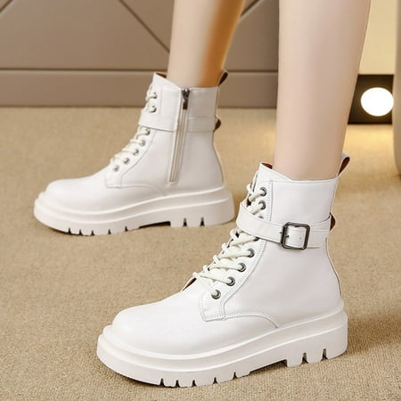 

Fashion Autumn And Winter Women Ankle Boots Thick Sole Non Slip Lace Up Solid Color Buckle Casual Style