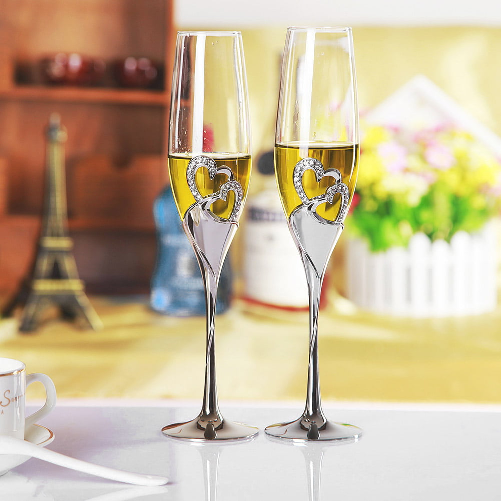Set of 2 Wedding Party Toasting Valentine Heart Plastic Stem Wine Glasses Goblet 