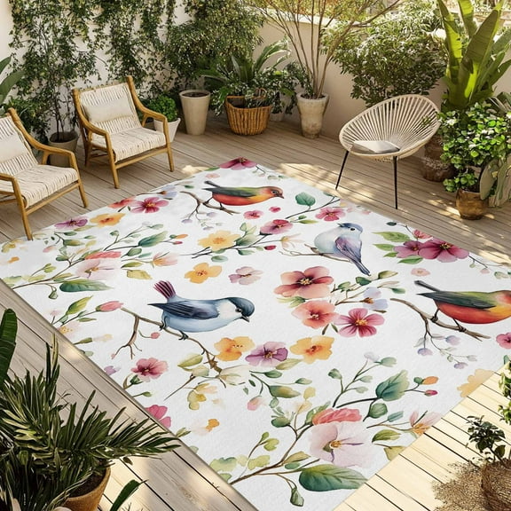 Fsddascl Colorful Flowers Outdoor Rug for Patio/Deck/Porch, Non-Slip Large Area Rug 5 x 8 Ft, Pastoral Floral Colorful Birds Indoor Outdoor Rugs Washable Area Rugs, Reversible Camping Rug Carpet
