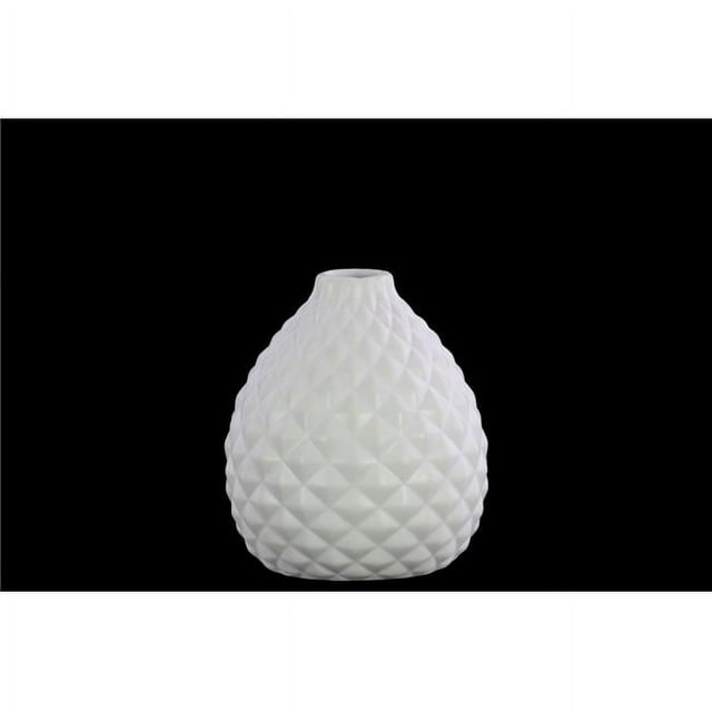Urban Trend Collection 31845 Vase Rond en Grès avec Petite Bouche & Petit Cou & Design Gravé en Losange - Fond Effilé, Mat & Blanc