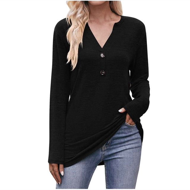 Bowake Tuniques d'Automne pour Femmes Col en V Boutons Manches Longues Blouse Basique Décontractée Ample Confortable Tee