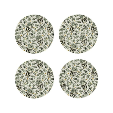 

Tideii Skull with Cash for Leather Coasters 4 Pieces Anti-fouling and Anti-scalding Decorative Coasters Suitable for Restaurants Kitchens Coffee Shops-Round Shape