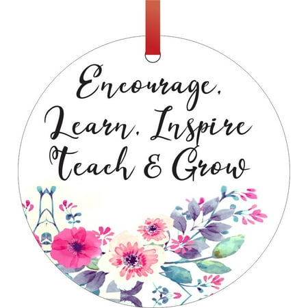 Teacher Christmas Tree Ornament Encourage. Learn. Inspire. Teach & Grow - Inspirational Quote for Teacher / Nurse / Therapist / Counselor, etc. Appreciation Gift Double Sided Round Shaped Flat Aluminum Glossy Christmas Ornament Tree ()