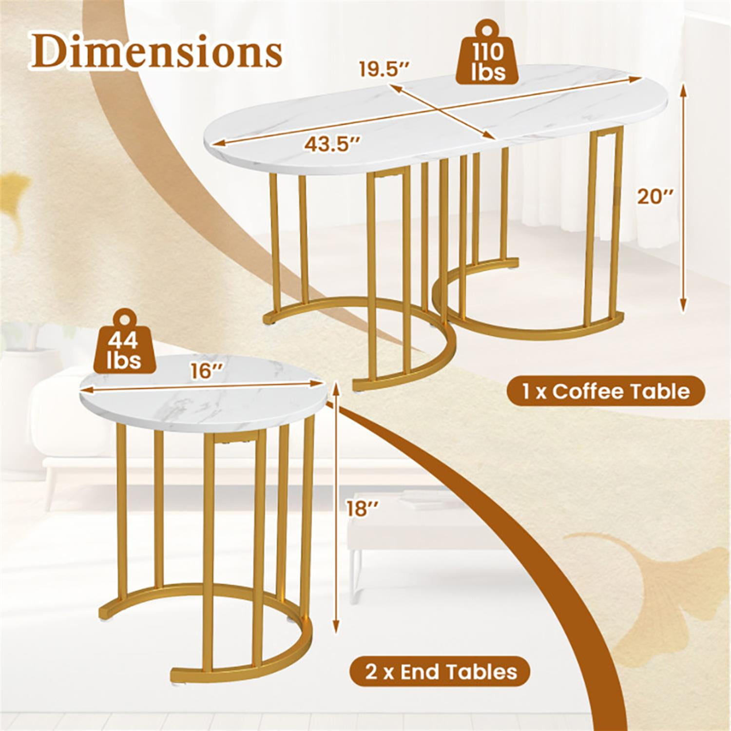Demi Bonn Coffee Table Set of 3, Powder-coated Gold Metal Frame Dining Center Tables with Faux Marble Tabletop for Living Room, Bedroom, Office and Balcony, White