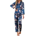thumbnail image 2 of INSPIRE CHIC Womens Silk Pajamas Set Long Sleeves with Pants Lounge Satin Sleepwear L Blue Floral, 2 of 6