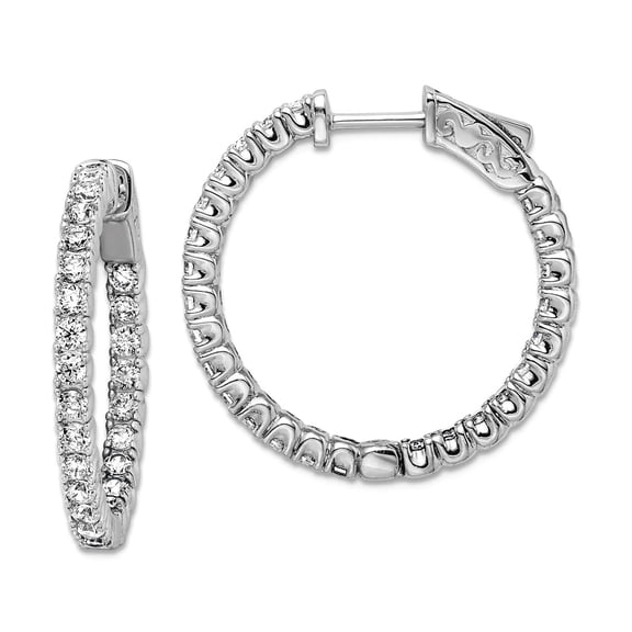 925 Sterling Silver Polished Safety clasp Rhodium Plated With Cubic Zirconia Hinged Hoop Earrings 25x25mm Wide 2mm Hoop