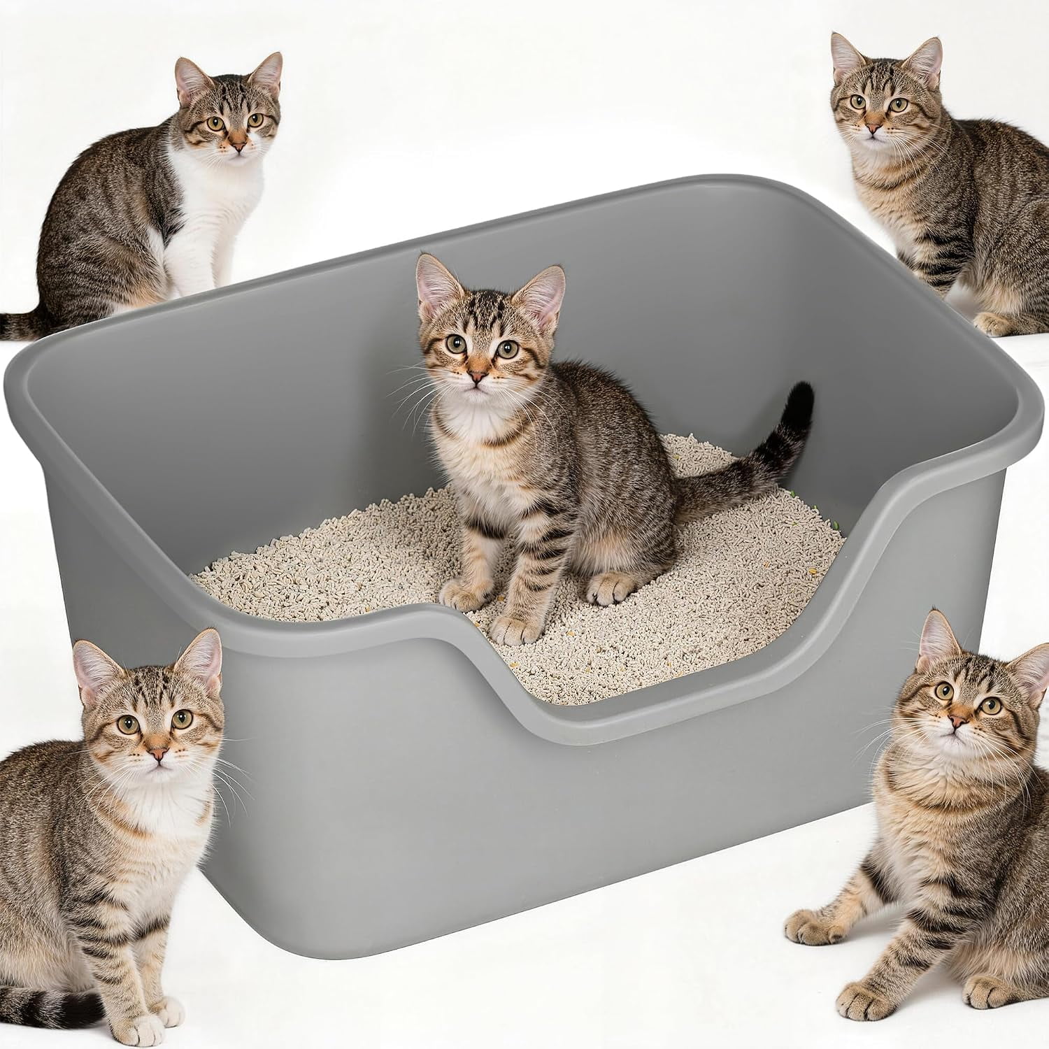 Oversized Cat Litter Box with Extra High Sides,Extra Large Jumbo Litter Box for Multiple Cats,Anti-Splashing High Wall Litter Pan,Easy No-Tool Setup Cat Litter Box(26.2” * 18.8” * 11.9” Grey)