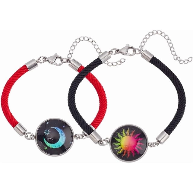 2 Pcs Bracelets Soleil & Lune 7 Pouces avec Rallonge 2 Pouces Lumineux 304 Acier Inoxydable Verre Plat Bracelet à Maillons Ronds Réglable Cordon en Nylon Bracelets Lumineux dans le Noir pour Usage Quotidien