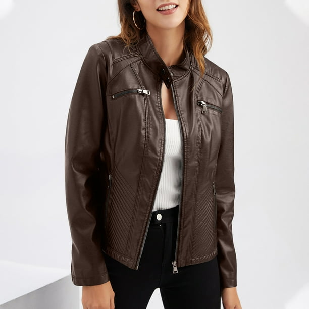 Chaquetas y abrigos de piel sintética de manga larga sin capucha, chaqueta informal de piel para mujer con cuello alto, chaqueta ajustada de color liso para mujer