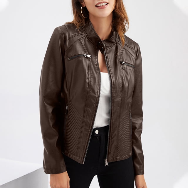 Chaquetas y abrigos de piel sintética de manga larga sin capucha, chaqueta informal de piel para mujer con cuello alto, chaqueta ajustada de color liso para mujer
