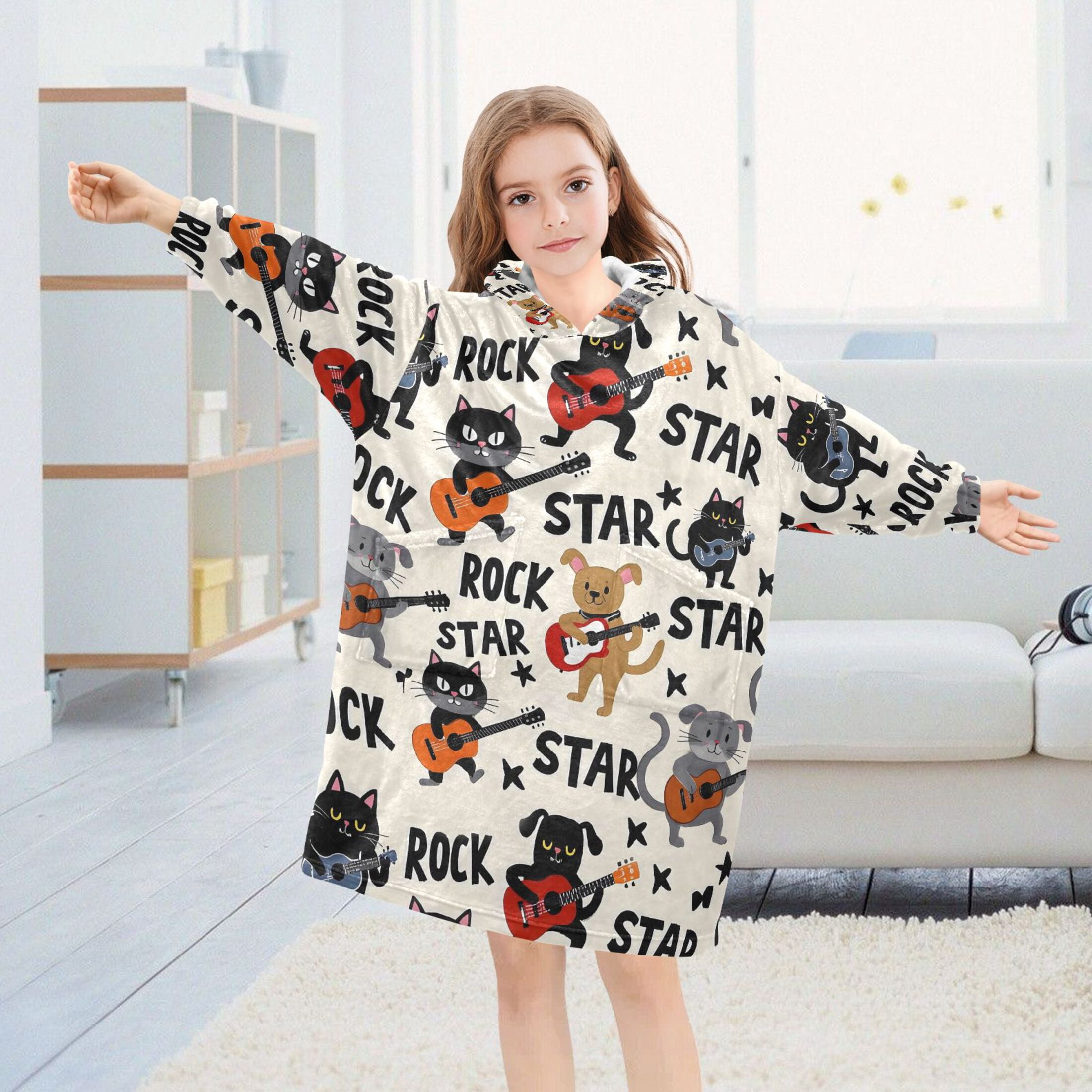 joogoo Blanket Hoodie for Guitar Cute Cat Oversize Sweatshirt 3-14 YR L