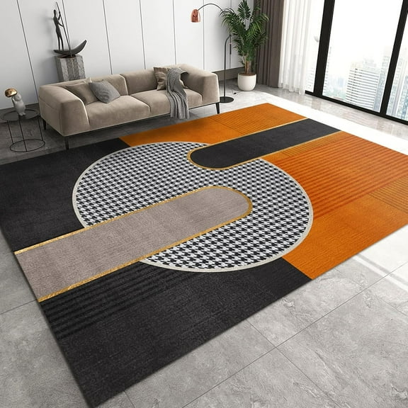 Black Orange Abstract Art Area Rugs, Medieval Black and White Geometric Framework Living Room Carpet, Soft Machine Washable Rug for Bedroom Office Kitchen Porch Laundryroom 2'x3'