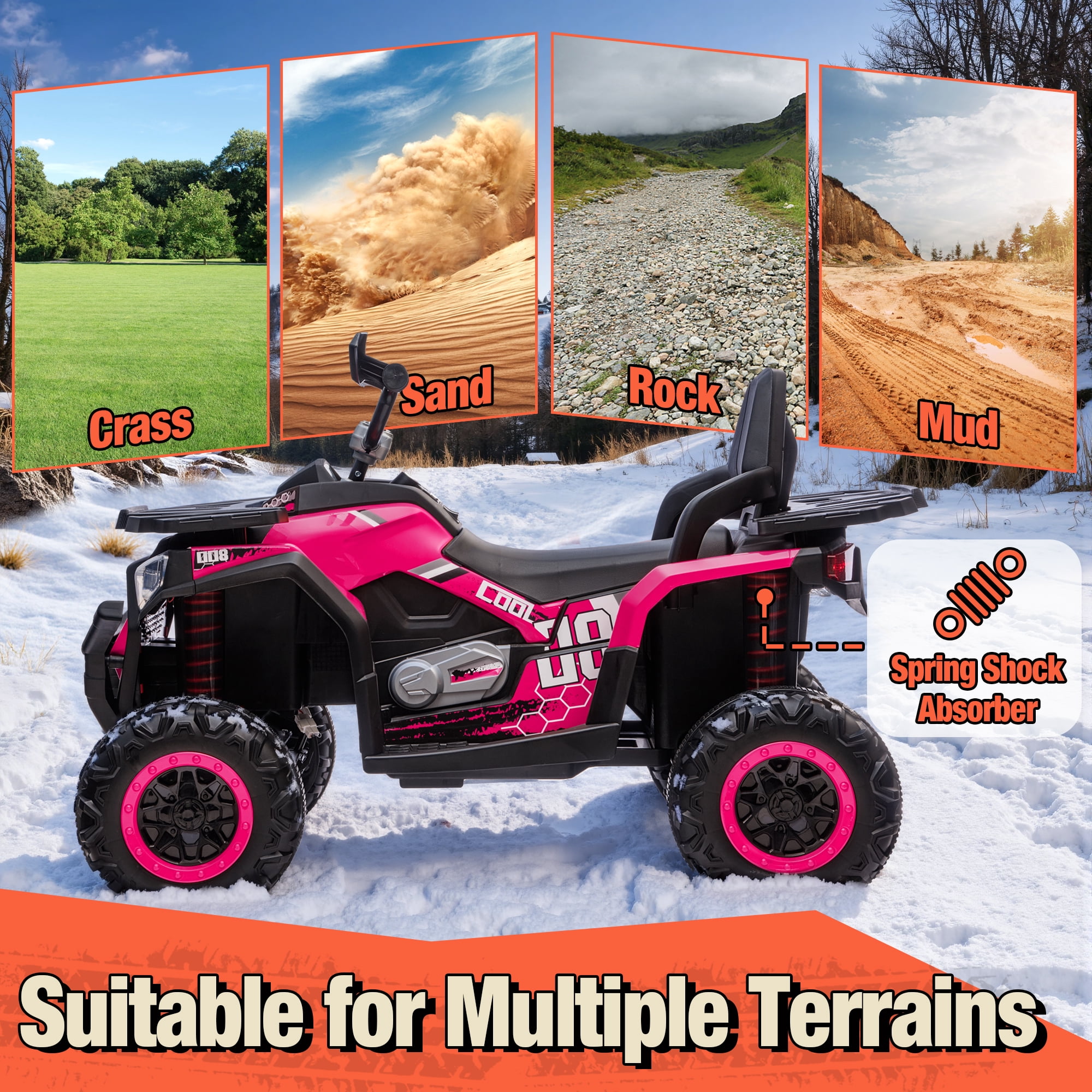 Joyracer 800W 4WD 24V Kids ATV w/ Remote Control 2 Seater 24 Volt Ride on Toys for Toddlers Power Car Wheels w/ Kneepads, Bluetooth Music, Pink