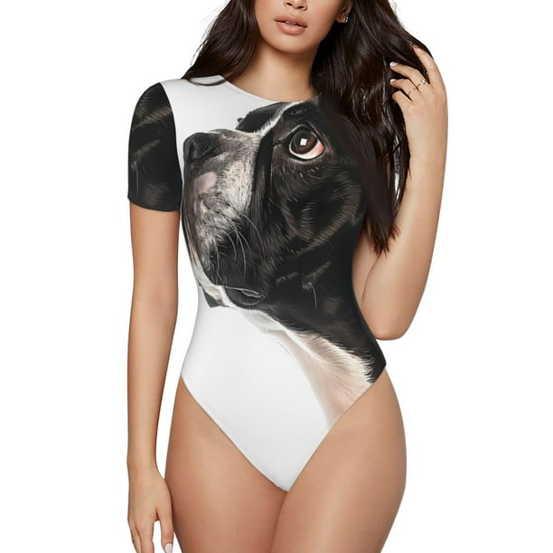 Balery Black And White Boston Terrier Body de cuello redondo de manga corta para mujer Tops de manga corta Tops básicos-Medium